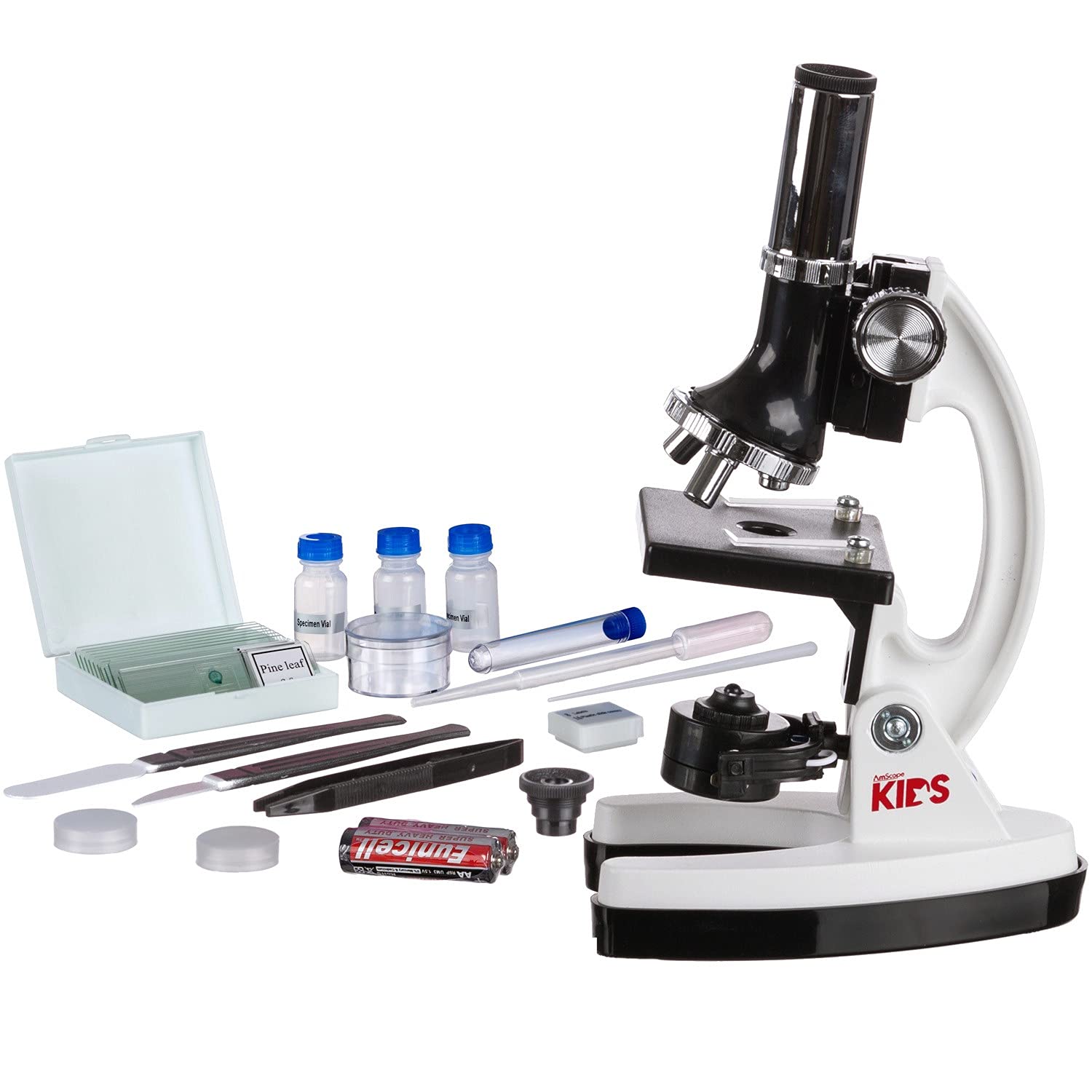 AmScope 120X-1200X 52-pcs Beginner Microscope STEM Kit with Metal Body Microscope, Plastic Slides, LED Light and Carrying Box (M30-ABS-KT2-W),White - ARVRedtech.com | AR & VR Education Technology