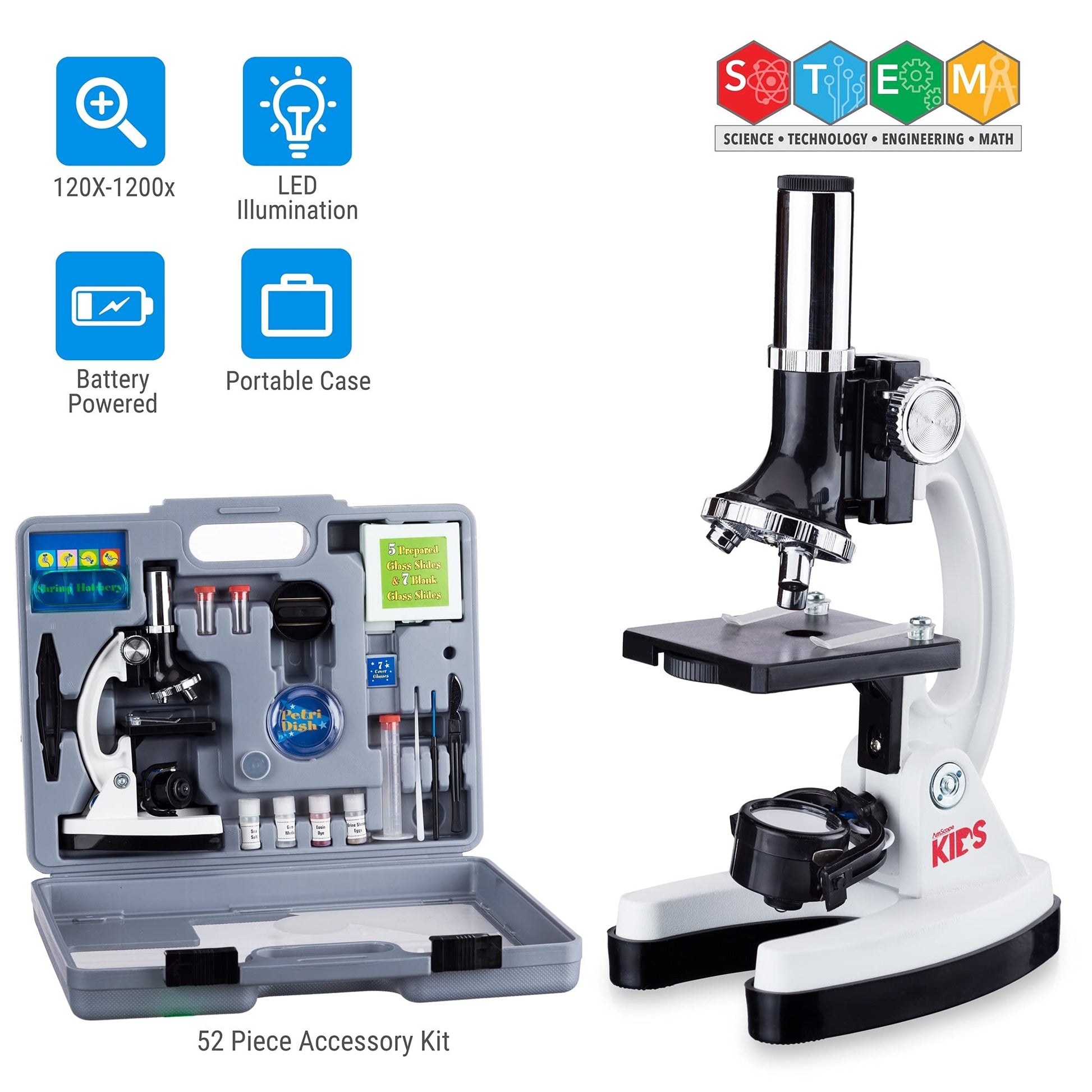 AmScope 120X-1200X 52-pcs Beginner Microscope STEM Kit with Metal Body Microscope, Plastic Slides, LED Light and Carrying Box (M30-ABS-KT2-W),White - ARVRedtech.com | AR & VR Education Technology