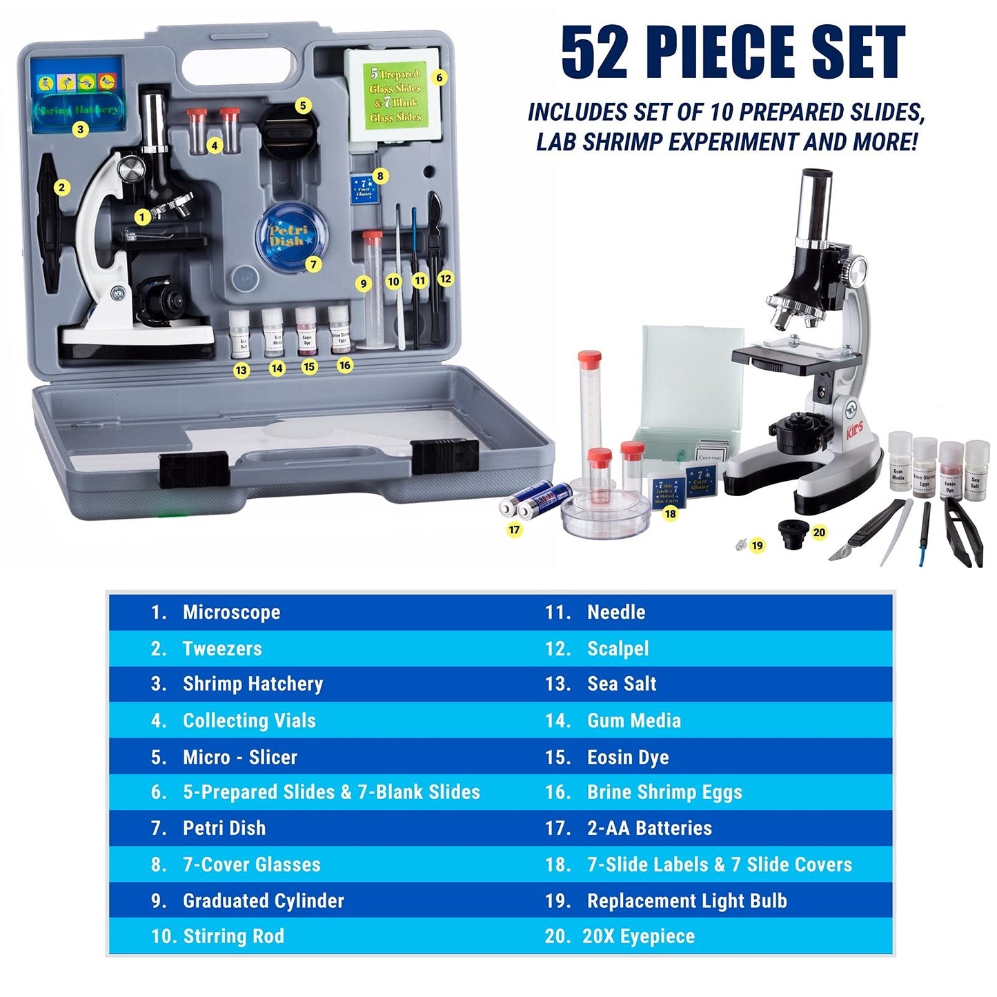 AmScope 120X-1200X 52-pcs Beginner Microscope STEM Kit with Metal Body Microscope, Plastic Slides, LED Light and Carrying Box (M30-ABS-KT2-W),White - ARVRedtech.com | AR & VR Education Technology