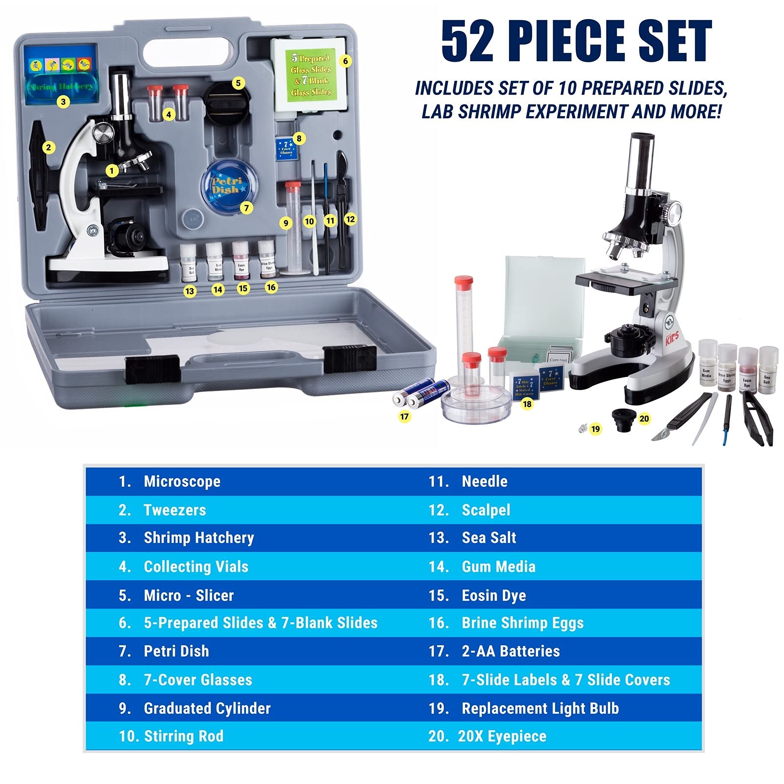 AmScope 120X-1200X 52-pcs Beginner Microscope STEM Kit with Metal Body Microscope, Plastic Slides, LED Light and Carrying Box (M30-ABS-KT2-W),White - ARVRedtech.com | AR & VR Education Technology