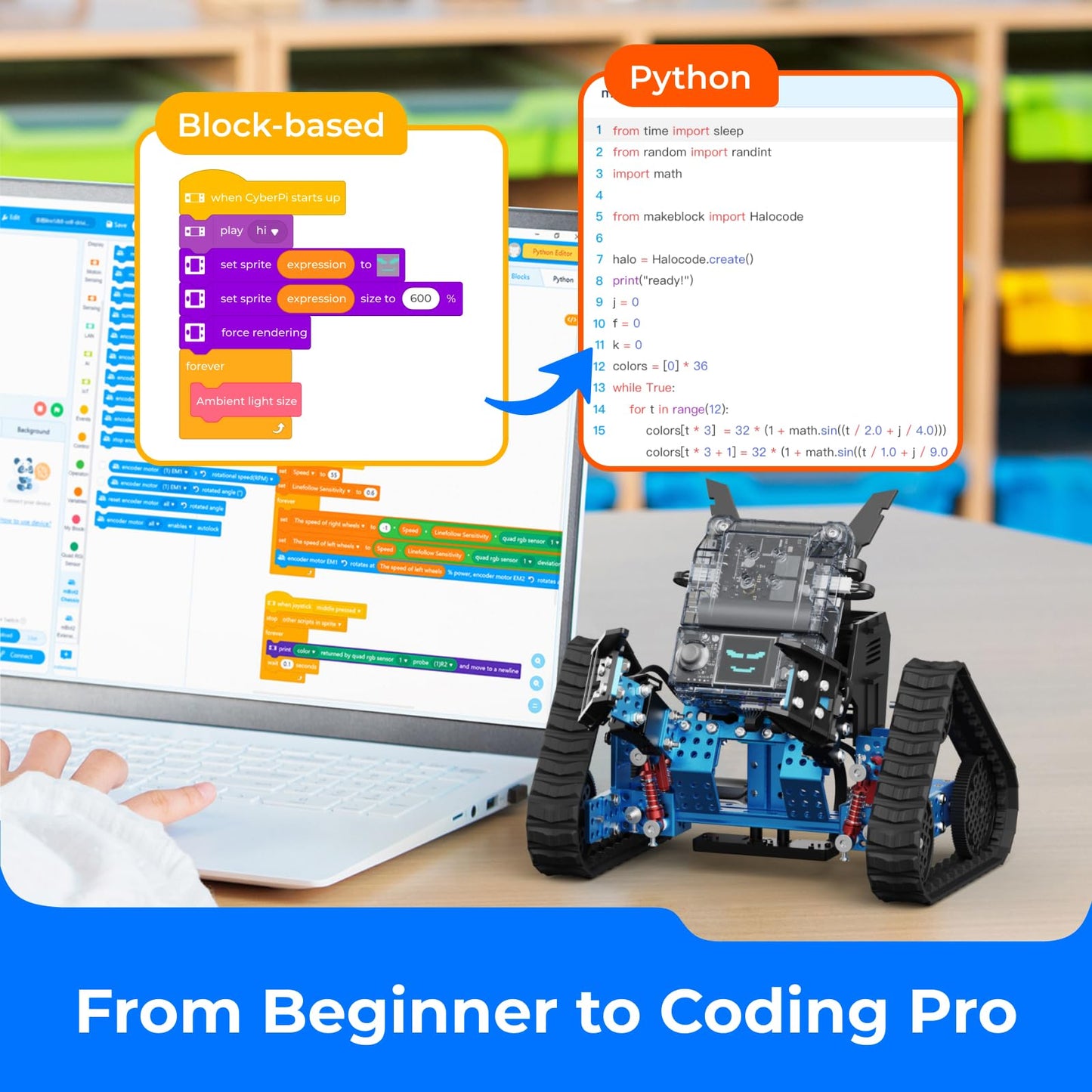 Makeblock mBot2 Rover Robotics Kit, Interactive Emo Robot for Coding Learning and Outdoor Play, Remote Control Coding Robot for Kids 8-12 and up, STEM Educational Building Toys Gifts for Kids - ARVRedtech.com | AR & VR Education Technology