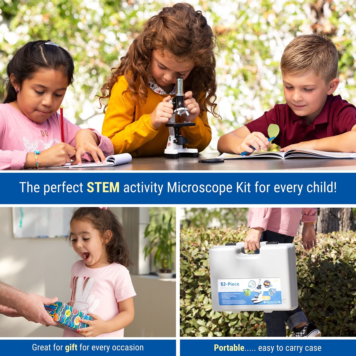 AmScope 120X-1200X 52-pcs Beginner Microscope STEM Kit with Metal Body Microscope, Plastic Slides, LED Light and Carrying Box (M30-ABS-KT2-W),White - ARVRedtech.com | AR & VR Education Technology