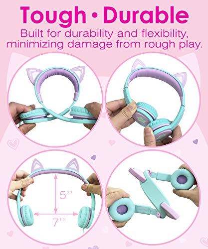 FosPower Kids Headphones with LED Cat Ears, 3.5mm On-Ear Wired Headset with Laced Cables for iPad/Smartphones/PC/Kindle/Tablet/Laptop/School (Max Volume 85dB) - Teal/Light Purple - ARVRedtech.com | AR & VR Education Technology