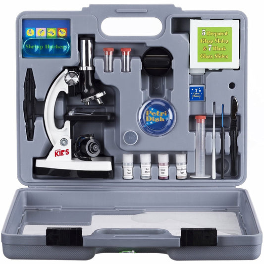 AmScope 120X-1200X 52-pcs Beginner Microscope STEM Kit with Metal Body Microscope, Plastic Slides, LED Light and Carrying Box (M30-ABS-KT2-W),White - ARVRedtech.com | AR & VR Education Technology