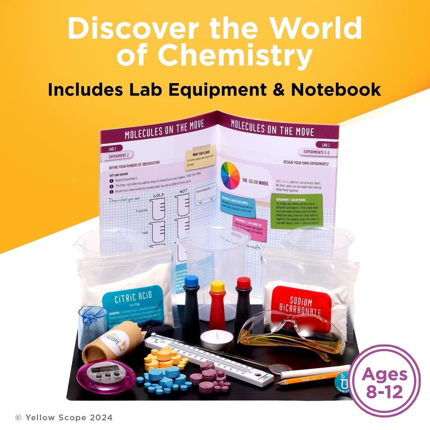 Yellow Scope Chemistry Kit, Science Experiment for Girls & Boys, STEM Activities for Kids Ages 8-12, Beakers & Bubbles Foundation Chem Set