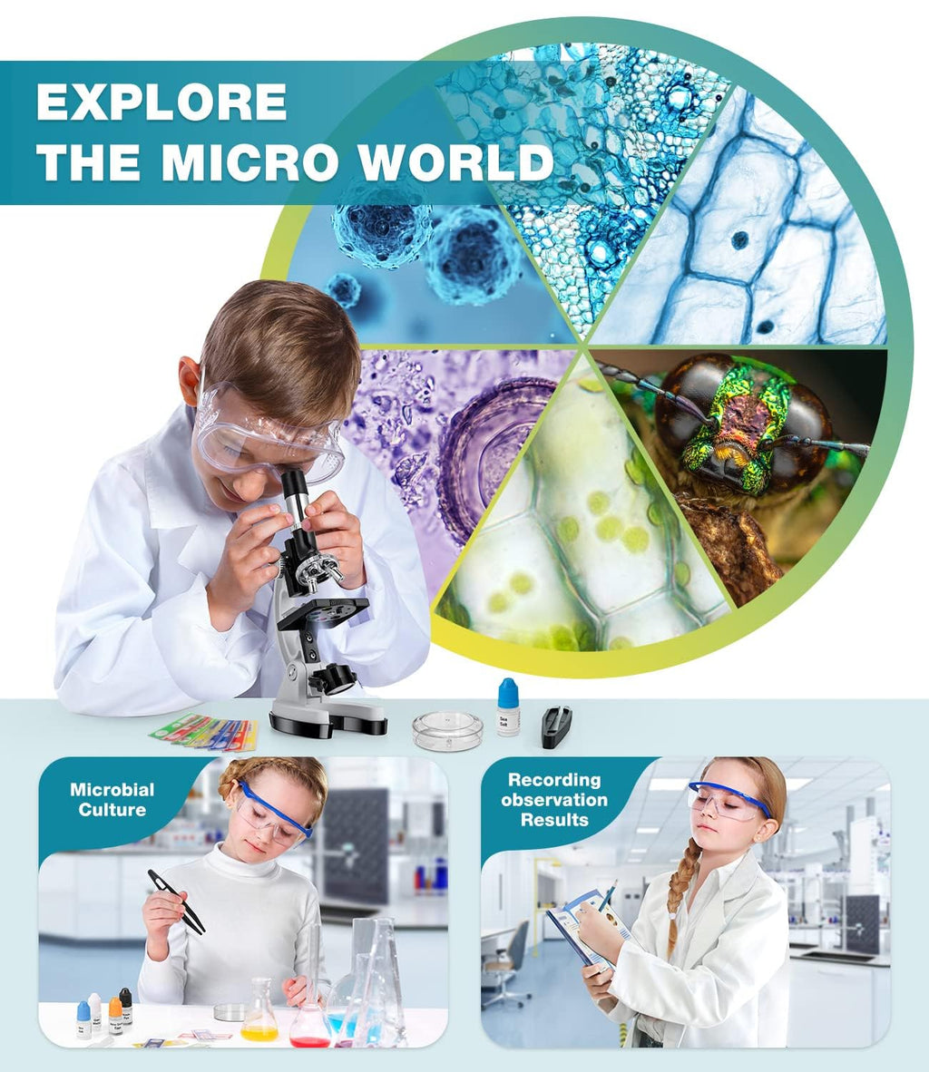 62-pcs Microscope Kit for Kids 5-12, with 13 Prepared & 27 Blank Slides, Science