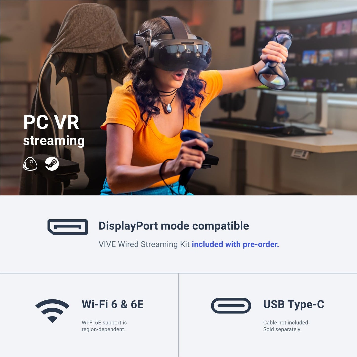 HTC Vive Focus Vision Bundle pre-Order Includes DisplayPort Compatible Wired Streaming Kit and Game Pack — Mixed Reality and PC VR Headset + Controllers