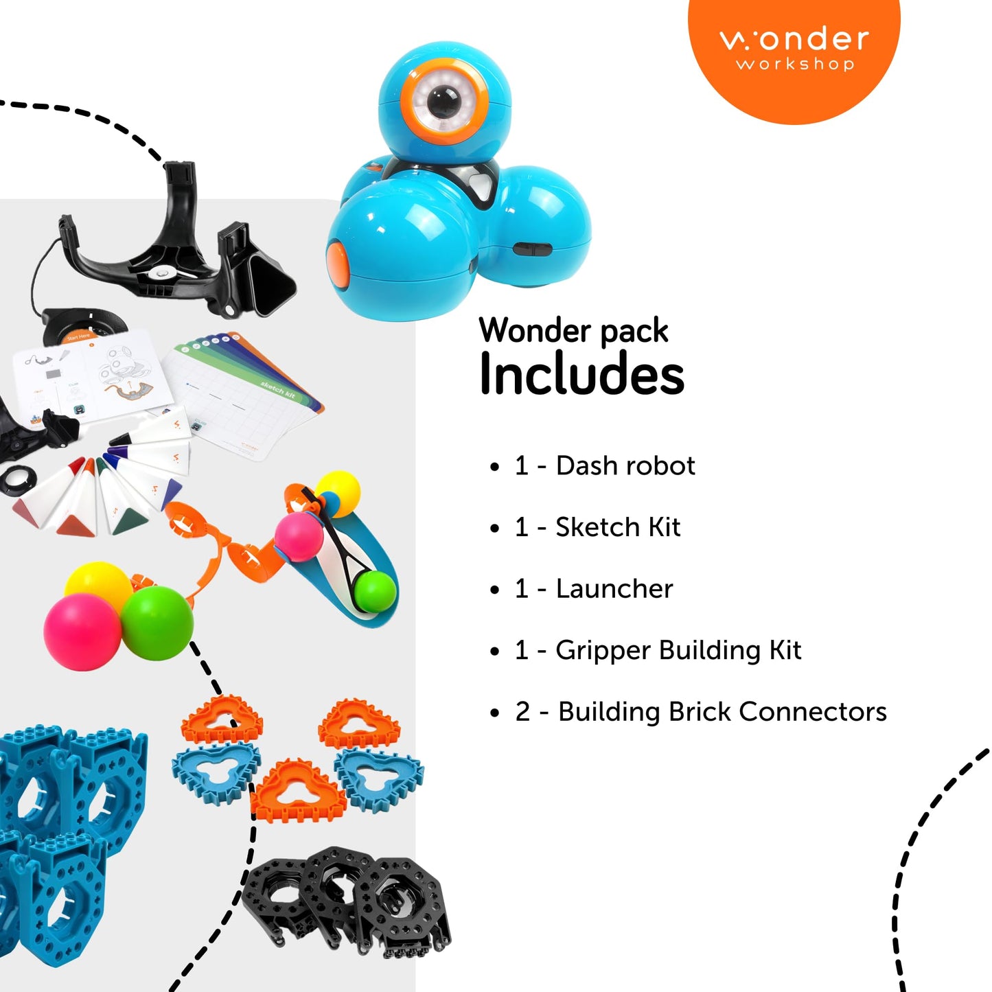 Wonder Workshop Dash Robot Wonder Pack – Coding Educational Bundle for Kids 6+ – Free STEM Apps with Instructional Videos - Launcher Toy, Sketch Kit Drawing, Gripper Building