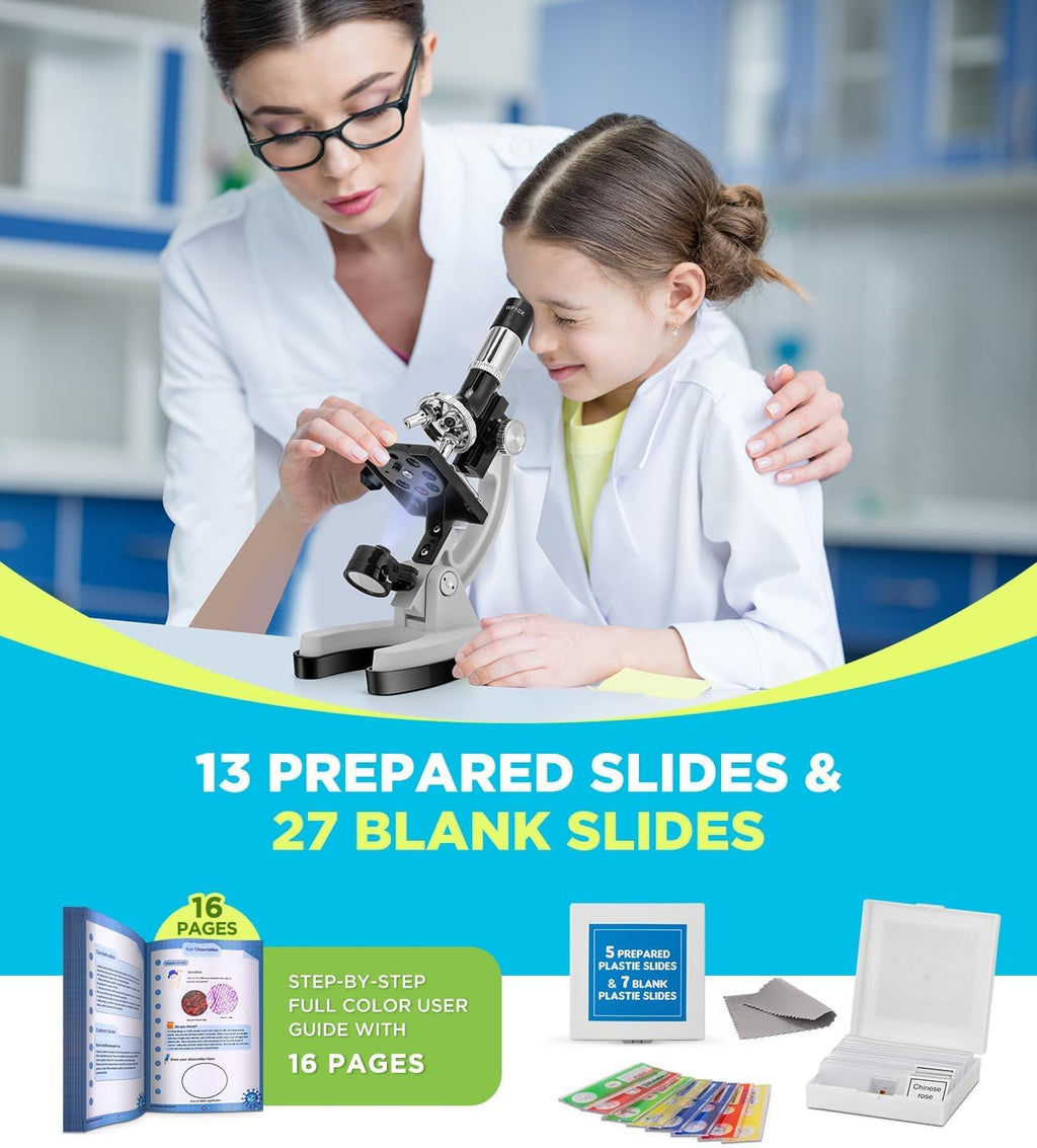 62-pcs Microscope Kit for Kids 5-12, with 13 Prepared & 27 Blank Slides, Science