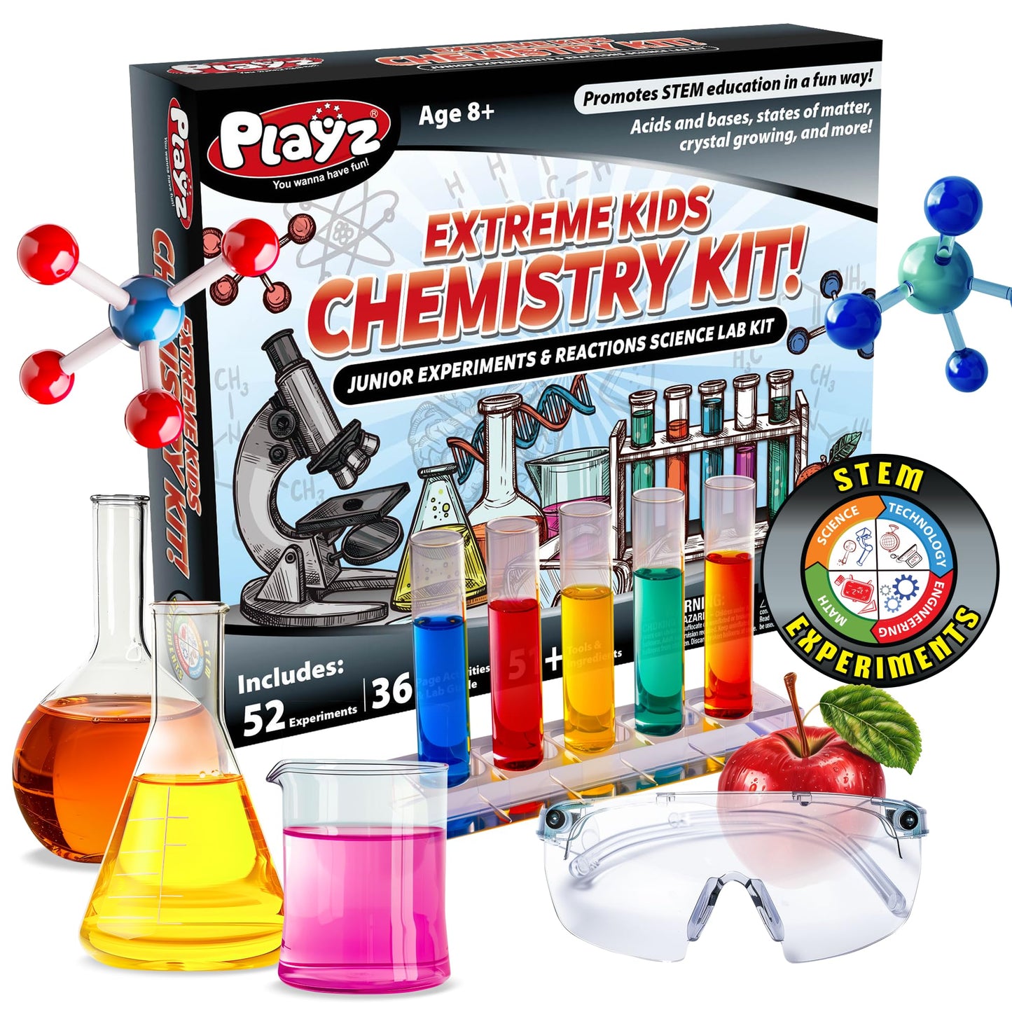 Playz 52 Extreme Kids Chemistry Experiments Set - STEM Activities & Science Kits for Kids Age 8-12 with 51+ Tools - Discovery Science Educational Toys & Gifts for Boys, Girls, Teenagers & Kids