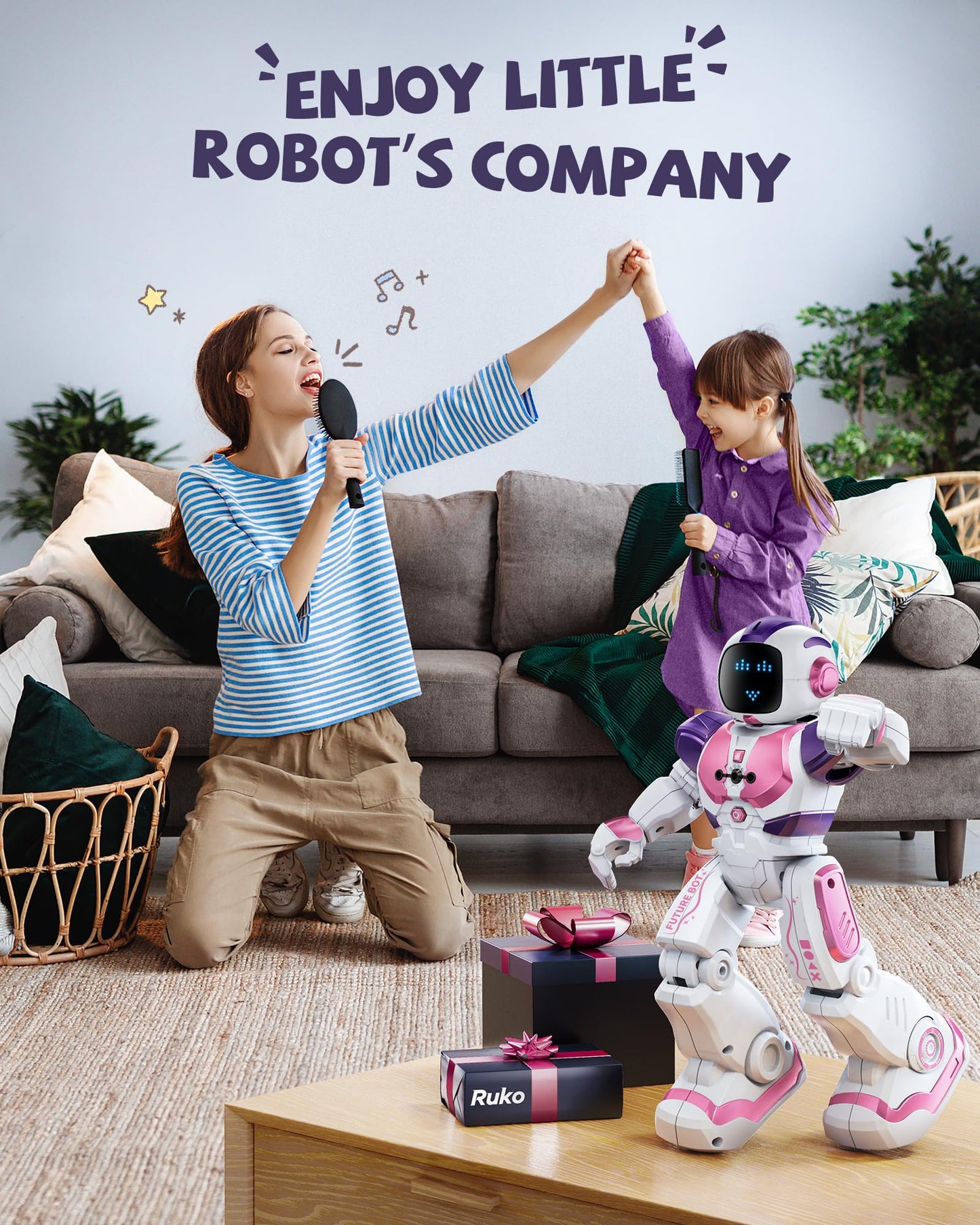 Ruko 6088 Dancing Robot for Girls with APP Control, Remote Control, Gesture Sensing Control, Interactive LED Emoji, QA Games Rechargeable Programmable Robot Toys for 3 4 5 6 Years Kids, Pink Purple