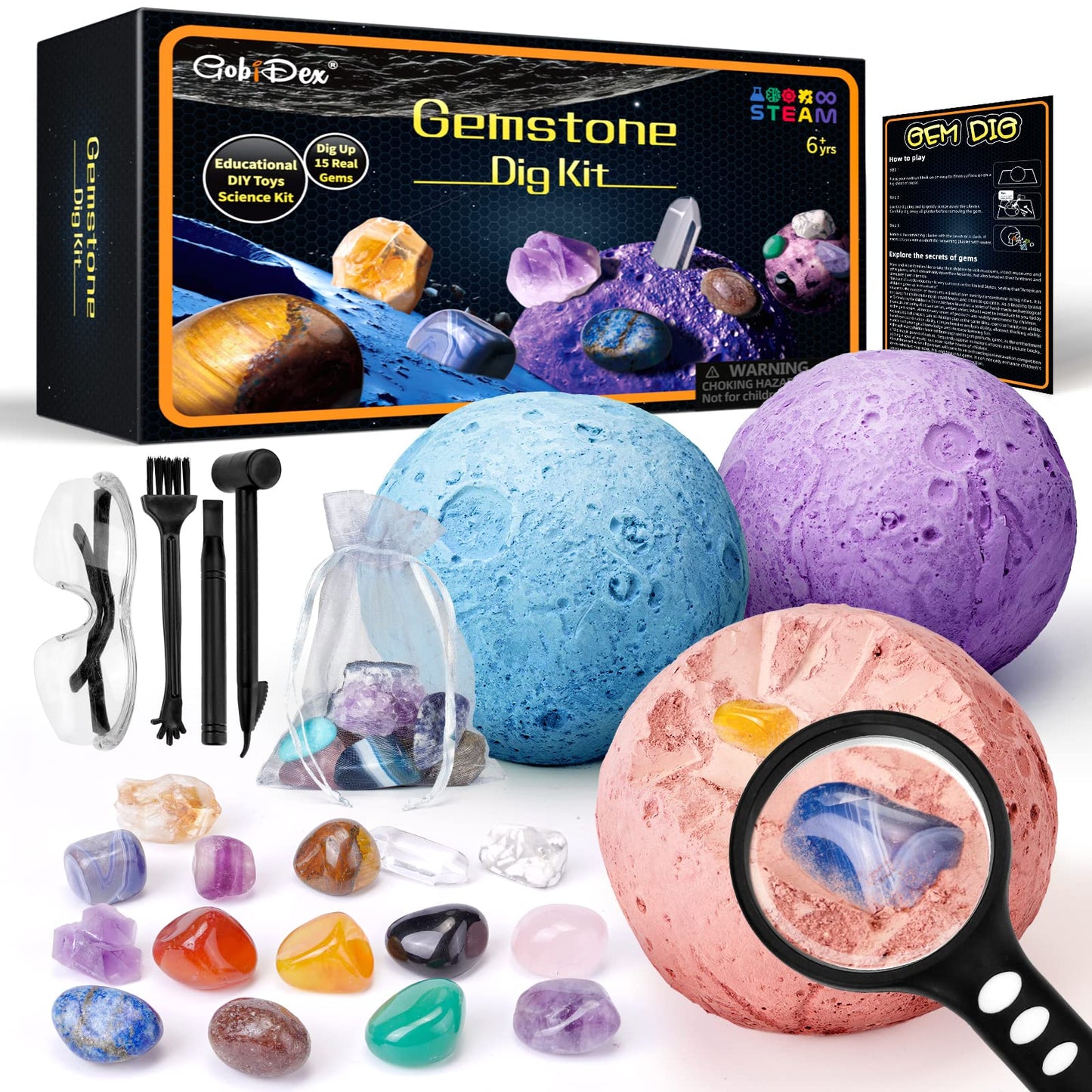 GobiDex Gemstones Dig Kit, Solar System Science Kit for Kids, Excavate 15 Real Gems, STEM Educational Space Toys Planet Collection Kit, Archaeology Geology Science Projects Gift for Boys&Girls Age 6+