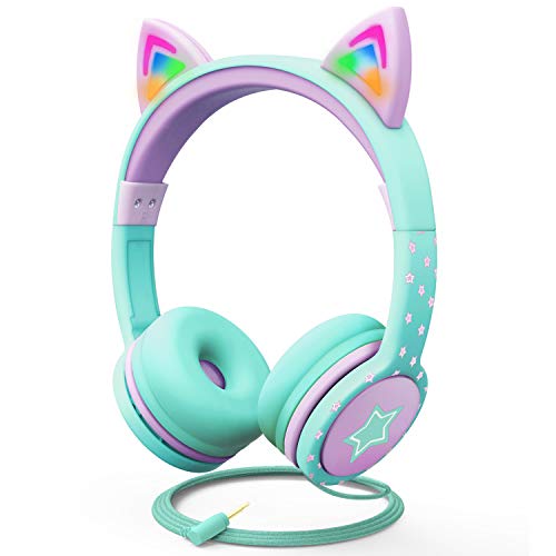 FosPower Kids Headphones with LED Cat Ears, 3.5mm On-Ear Wired Headset with Laced Cables for iPad/Smartphones/PC/Kindle/Tablet/Laptop/School (Max Volume 85dB) - Teal/Light Purple - ARVRedtech.com | AR & VR Education Technology