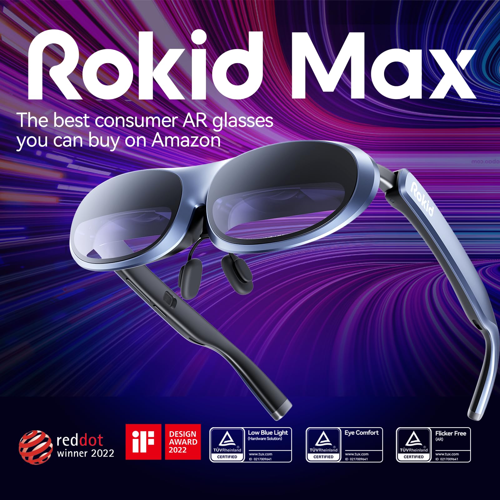Rokid Max AR Glasses, Smart Glasses with 360'' Micro-OLED Virtual Theater, 50° FOV, 600nits Brightness, HDCP Support & Cloud Gaming and Compatibility with iPhone 15, Android, Consoles, and Computers - ARVRedtech.com | AR & VR Education Technology